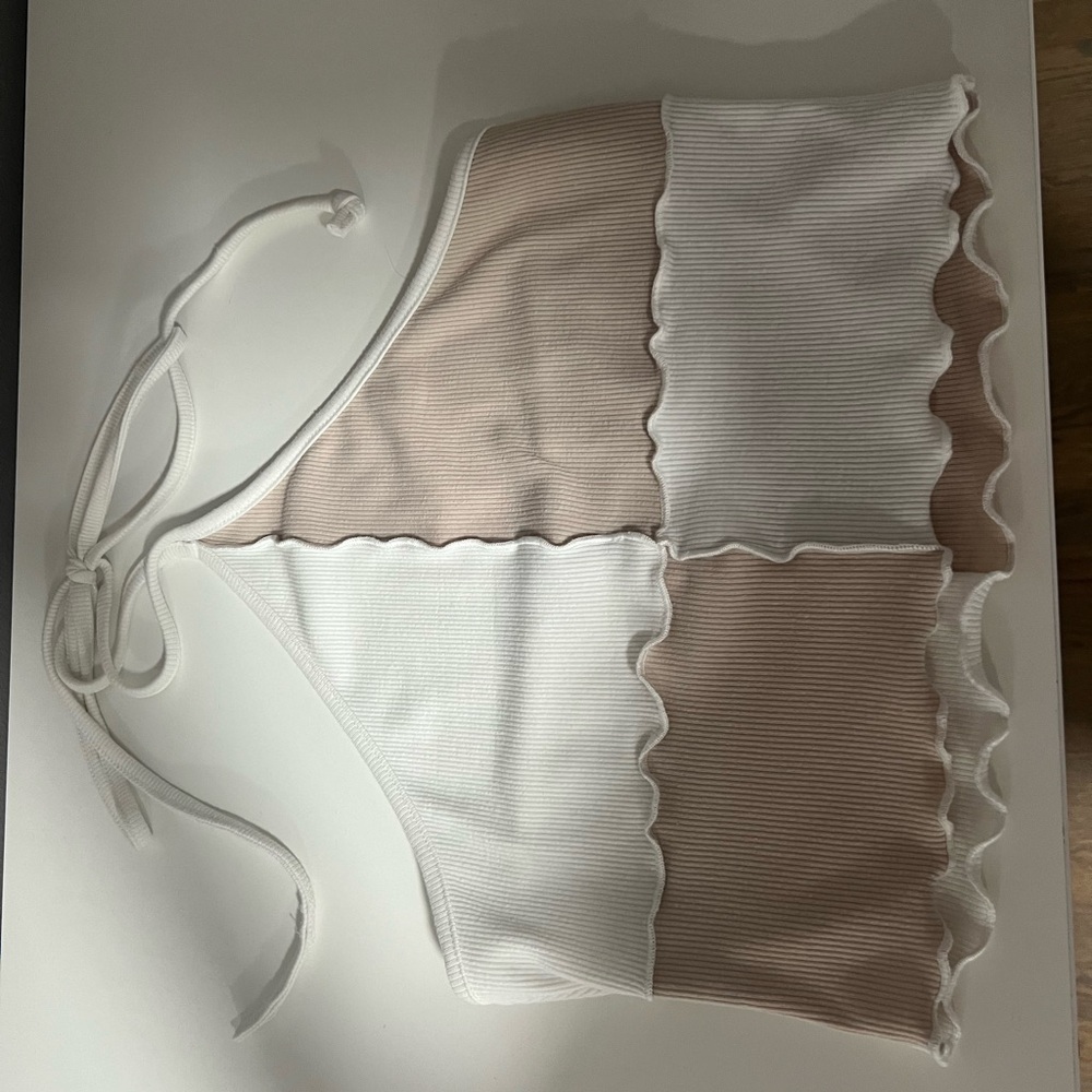 Colorblock Ribbed Halter crop top in White and Beige
